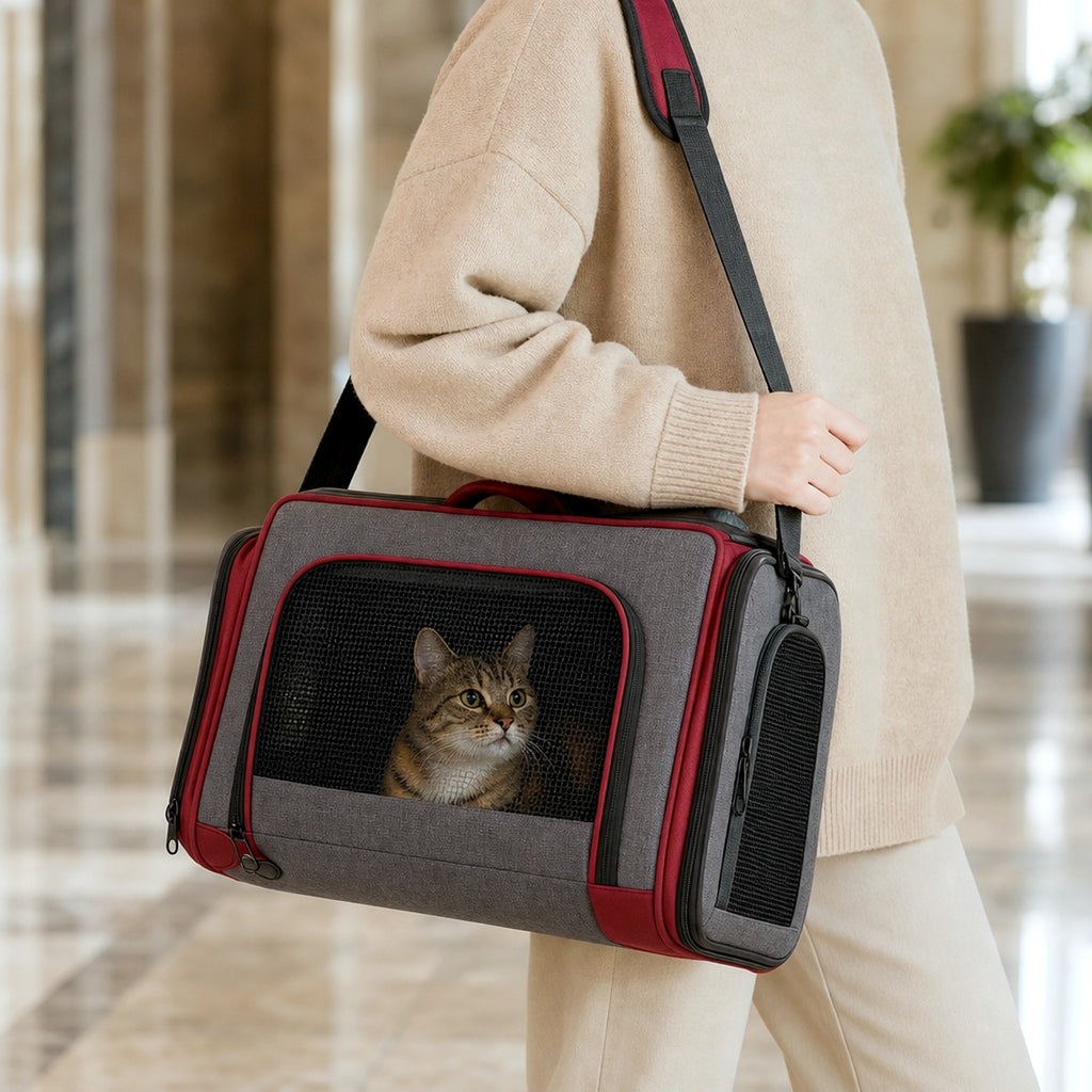 Shoulder cat carrier worn for travel — lifestyle