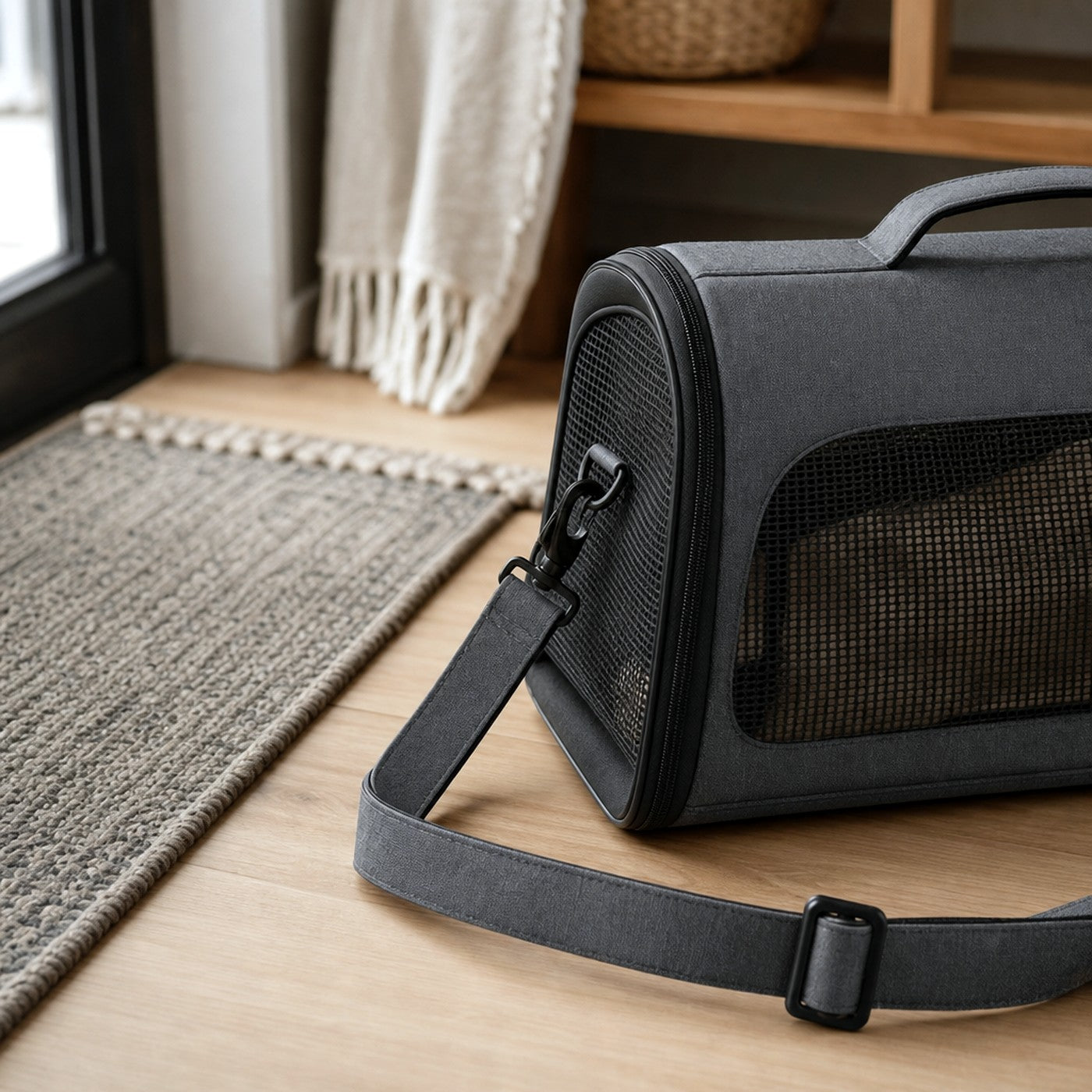 Cat carrier strap and mesh detail — home