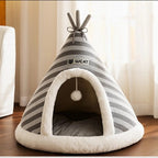 Grey knit tent cat nest in warm home setting — PawLab