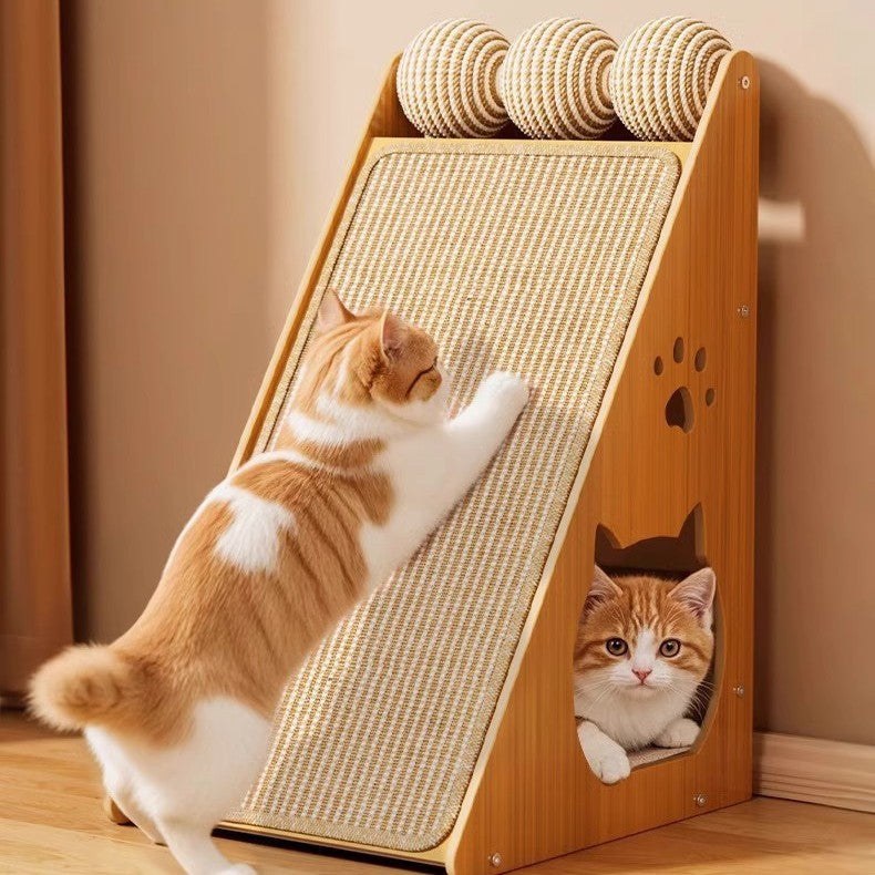 Cats using sisal scratcher nest — lifestyle — PawLab