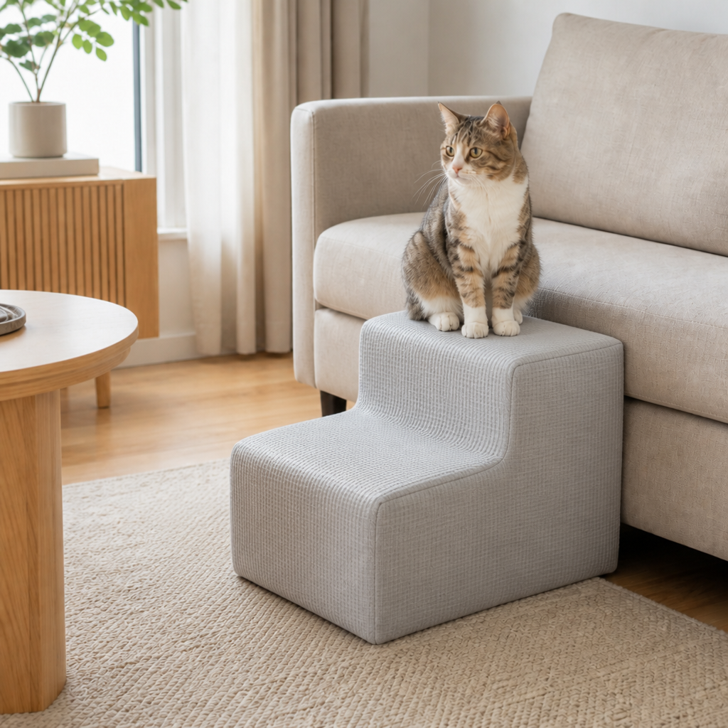 Mist Grey 2-Step pet stairs with cat — PawLab