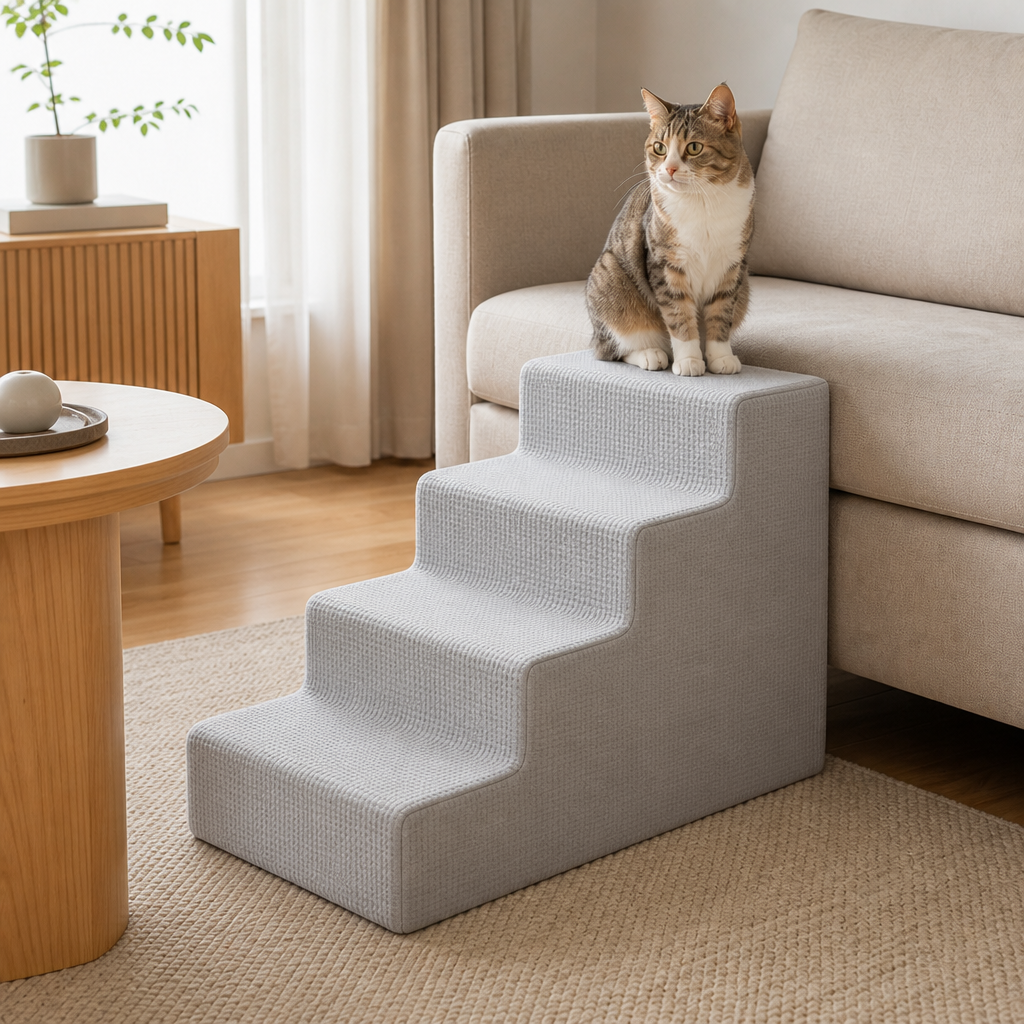 Mist Grey 4-Step pet stairs with cat — PawLab
