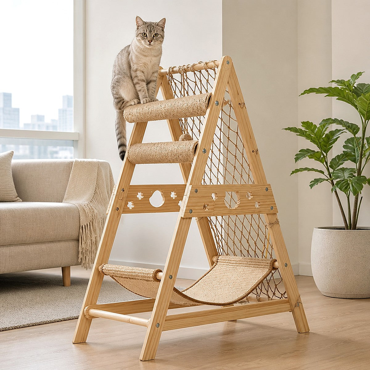 Modern wood sisal cat tree in HK apartment — lifestyle