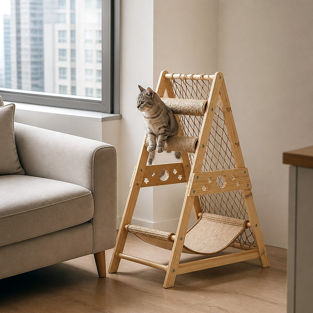 Cat tree beside sofa — scale in use