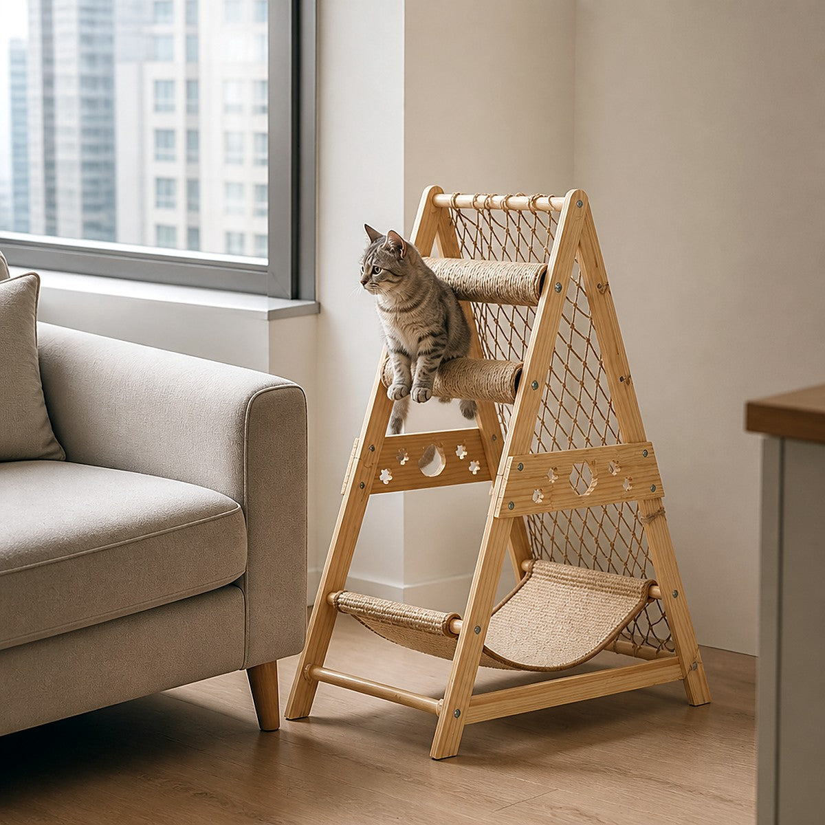 Cat tree beside sofa — scale in use
