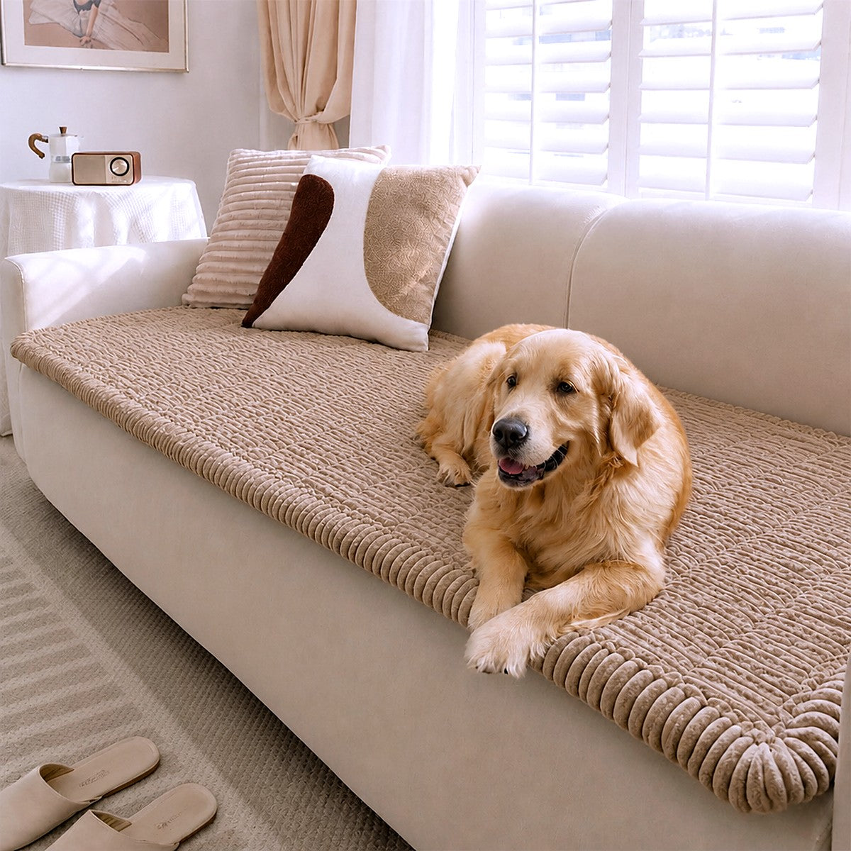 Waterproof pet couch mat on sofa — lifestyle