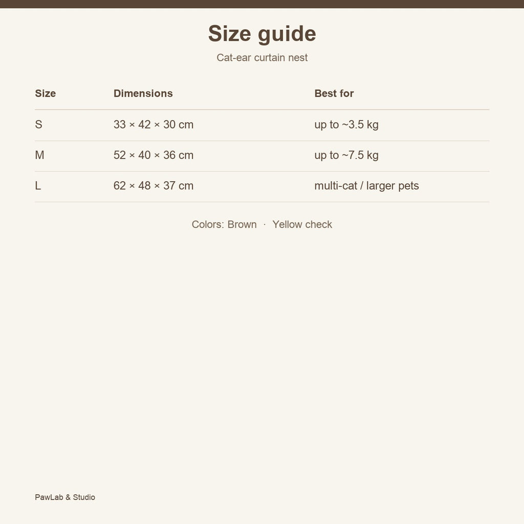 Size guide — S M L cat-ear curtain nest — PawLab