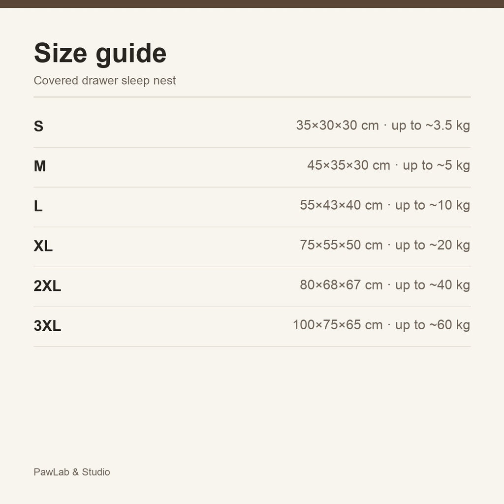 Size guide — S to 3XL covered sleep nest — PawLab
